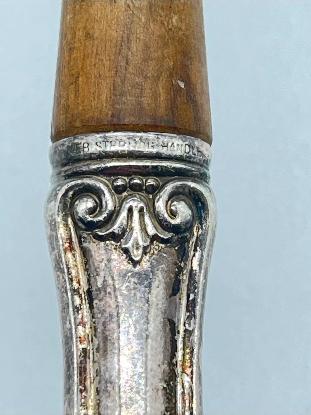 Vintage WEB wooden salad serving fork with ornate STERLING silver  handle.